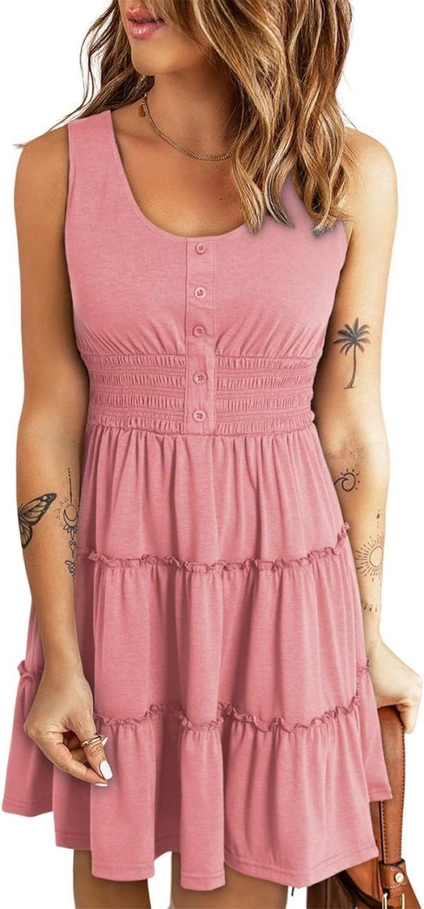 Saonta  Womens Summer Dresses 2024 Sleeveless Button Down Smocked Elastic Waist Ruffle Tiered Casual Swing Mini Dress