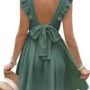 Saonta  Women's Mini Dress V Neck Flutter Sleeve Cotton Self Tie Back A Line Short Summer Cover Up Dress
