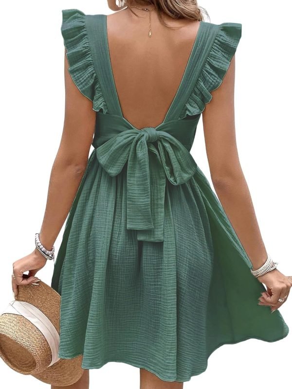 Saonta  Women's Mini Dress V Neck Flutter Sleeve Cotton Self Tie Back A Line Short Summer Cover Up Dress