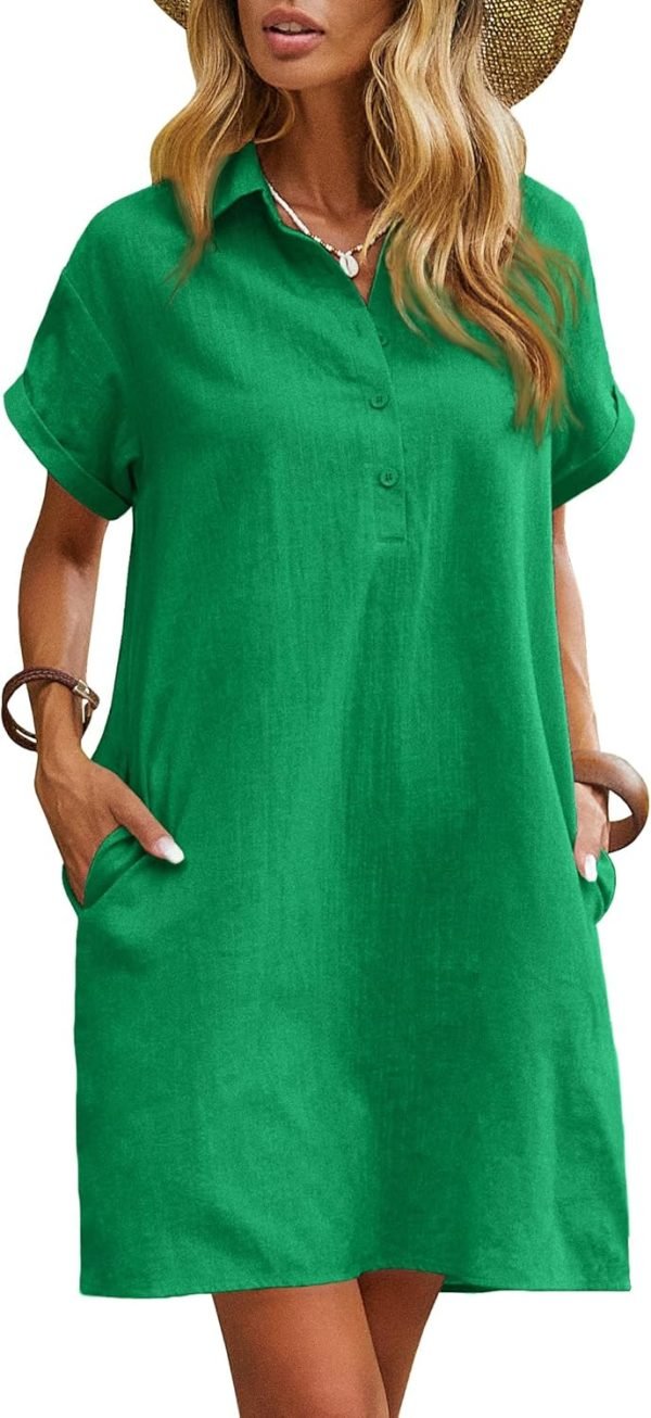 Saonta  Womens Cotton Shirt Dress Summer Casual Short Sleeve Button Down Beach Cover Up Shirts with Pockets