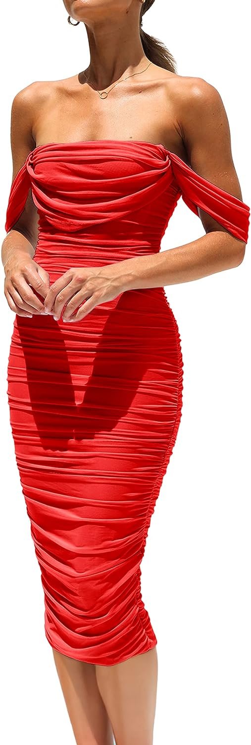 Saonta Womens Summer Off The Shoulder Ruched Bodycon Dresses Sleeveless Fitted Party Club Midi