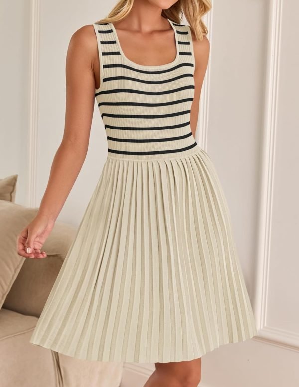 Saonta Women's Summer Sleeveless Mini Dress 2024 Square Neck Striped Knit A Line Pleated Tank Dresses