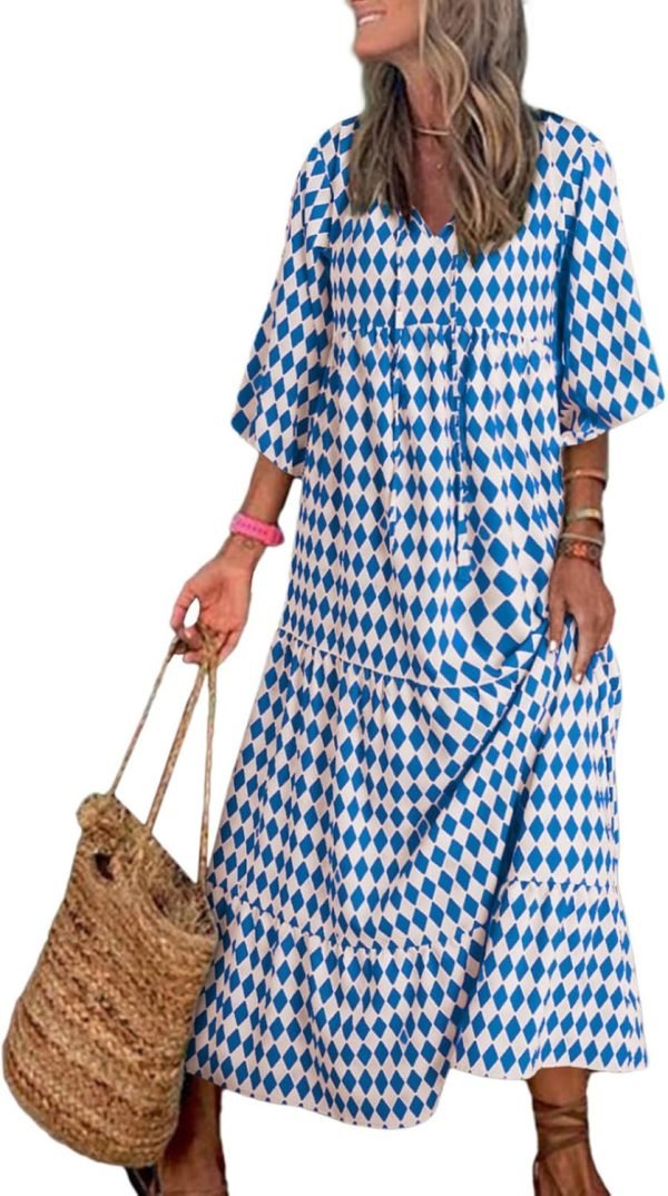 Saonta  Women Boho Maxi Dresses 2024 V Neck Long Puff Sleeve Smocked Ruffle Flowy Casual Dress