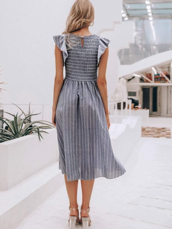 Saonta  Women's Striped Linen Midi Dress Elegant Square Neck Ruffle Cap Sleeves Maternity Dress 2024 Summer Beach Dress
