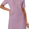 Saonta  Women's Knit Bodycon Sweater Dress Button Short Sleeve Crew Neck Elegant Formal Mini Dress