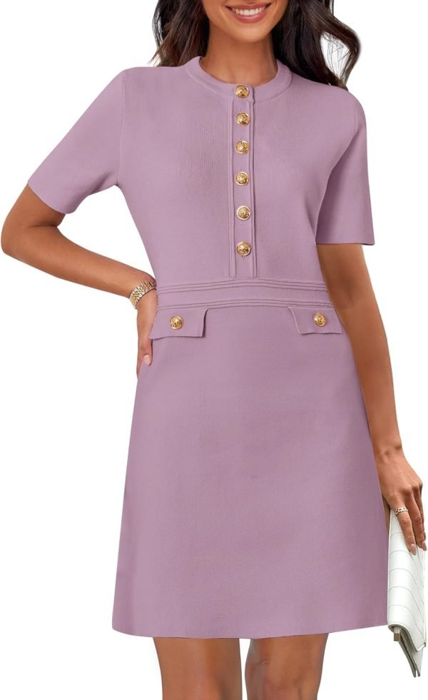 Saonta  Women's Knit Bodycon Sweater Dress Button Short Sleeve Crew Neck Elegant Formal Mini Dress