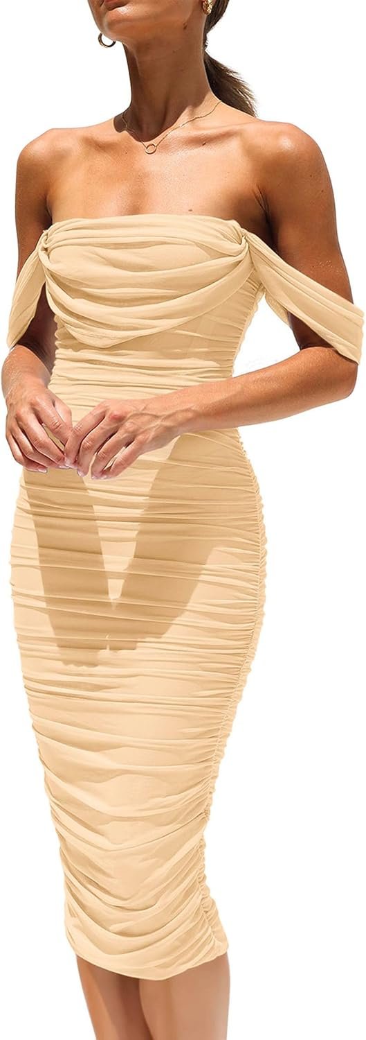 Saonta  Womens Summer Off The Shoulder Ruched Bodycon Dresses Sleeveless Fitted Party Club Midi