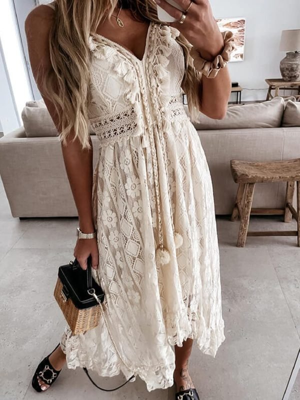 Saonta  Women's Maxi Dress Lace Dresses Boho Tassel V-Neck Flare Ruffle Adjustable Straps Beach Summer Long Dress