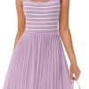 Saonta Women's Summer Sleeveless Mini Dress 2024 Square Neck Striped Knit A Line Pleated Tank Dresses