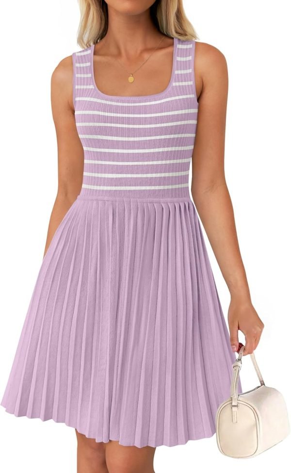 Saonta Women's Summer Sleeveless Mini Dress 2024 Square Neck Striped Knit A Line Pleated Tank Dresses