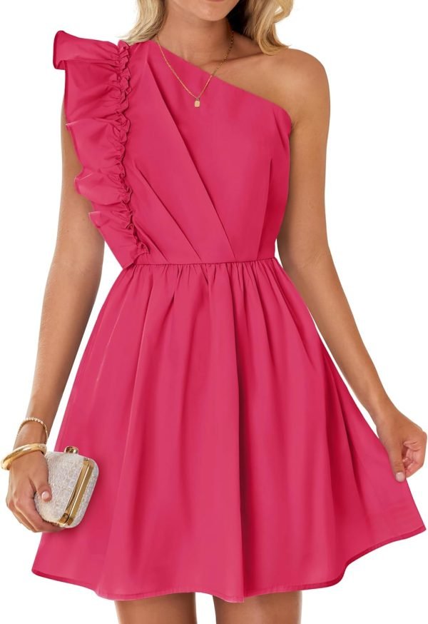 Saonta Women's Summer One Shoulder Ruffle Dress 2024 Boho Sleeveless Elastic High Waist Swing Mini Dresses