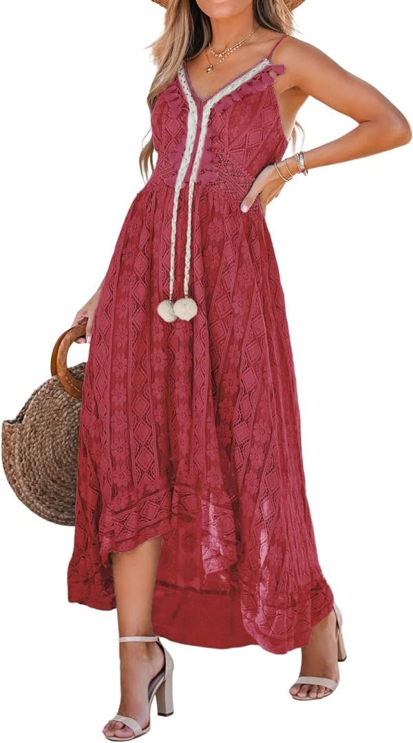 Saonta  Women's Maxi Dress Lace Dresses Boho Tassel V-Neck Flare Ruffle Adjustable Straps Beach Summer Long Dress
