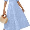 Saonta Women's 2024 Summer Short Puff Sleeve Crewneck Smocked Floral Lace Flowy A Line Tiered Maxi Dresses