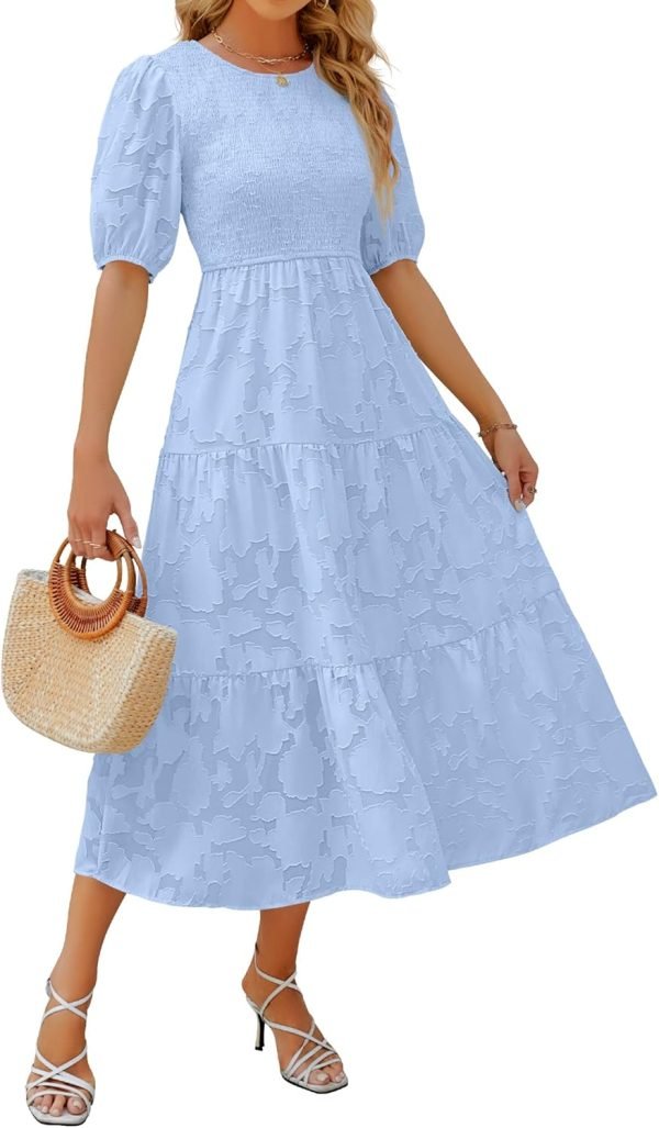 Saonta Women's 2024 Summer Short Puff Sleeve Crewneck Smocked Floral Lace Flowy A Line Tiered Maxi Dresses