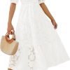 Saonta Women's 2024 Summer Short Puff Sleeve Crewneck Smocked Floral Lace Flowy A Line Tiered Maxi Dresses
