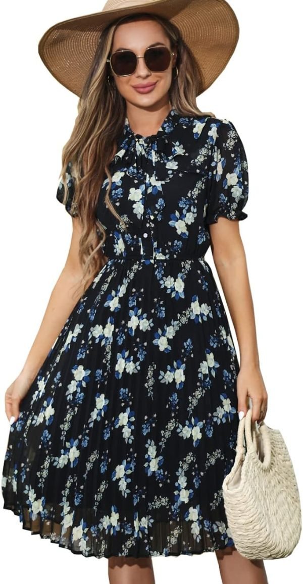 Saonta  Work Dresses for Women 2023 Long Sleeves Chiffon Black Dress Retro Pleated Buttons Down Bow Tie Loose Causal Dresses