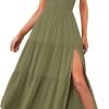 Saonta  Women's Summer One Shoulder Sleeveless Knot Smocked Midi Dress Split Tiered Flowy Dresses