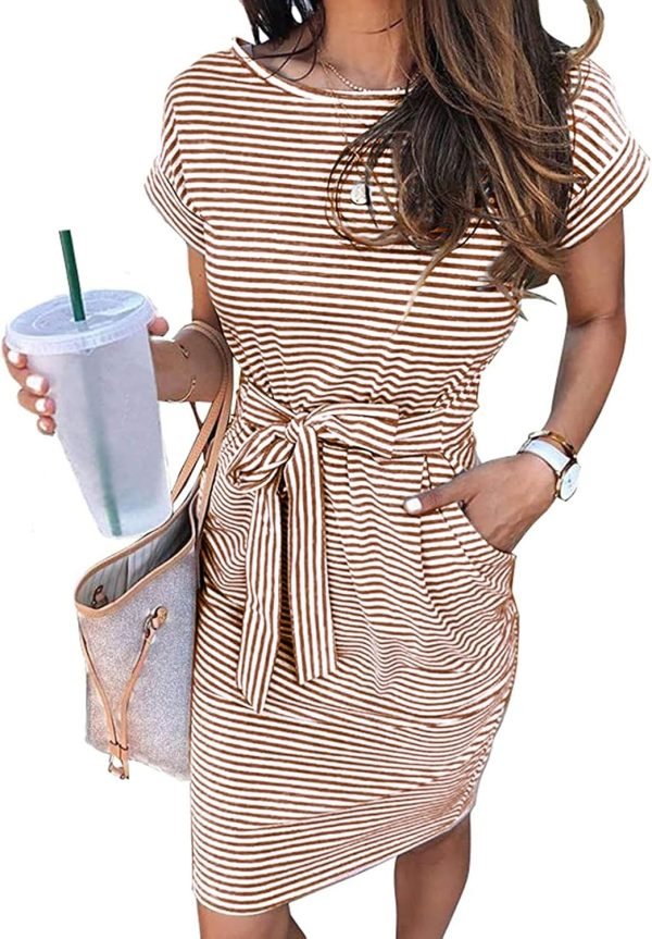 Saonta  Women's Summer Striped Short Sleeve T Shirt Dress Casual Tie Waist with Pockets