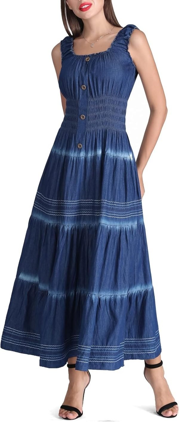 Saonta  Women's Maxi Dress Sleeveless Denim Long Summer A-line Casual Blue Cotton Boho Flowy Sundresses for Women