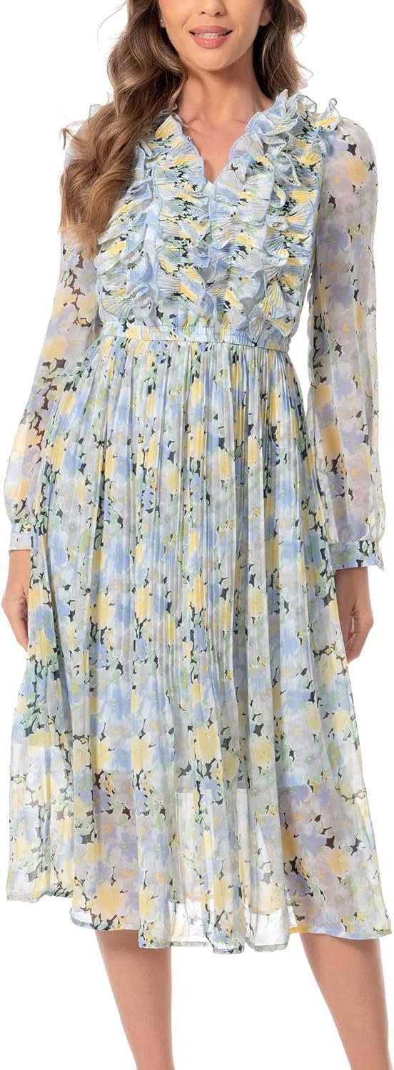 Saonta  Women Floral Print V Neck Long Sleeves Ruffles Pleated Chiffon Flowy Swing Midi Dress
