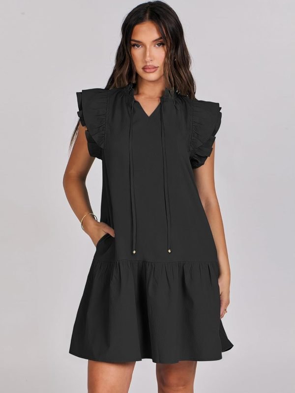 Saonta  Womens Summer V-Neck Drawstring Ruffle Cap Short Sleeve Casual Shift Mini Dress with Pockets