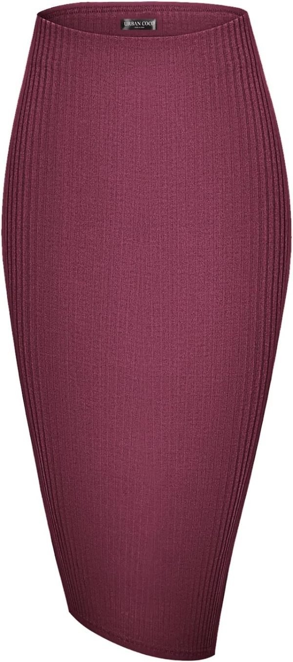 Saonta  Elastic High Waist Knee Length Pencil Skirt Ribbed Knit Basic Tube Midi Skirt