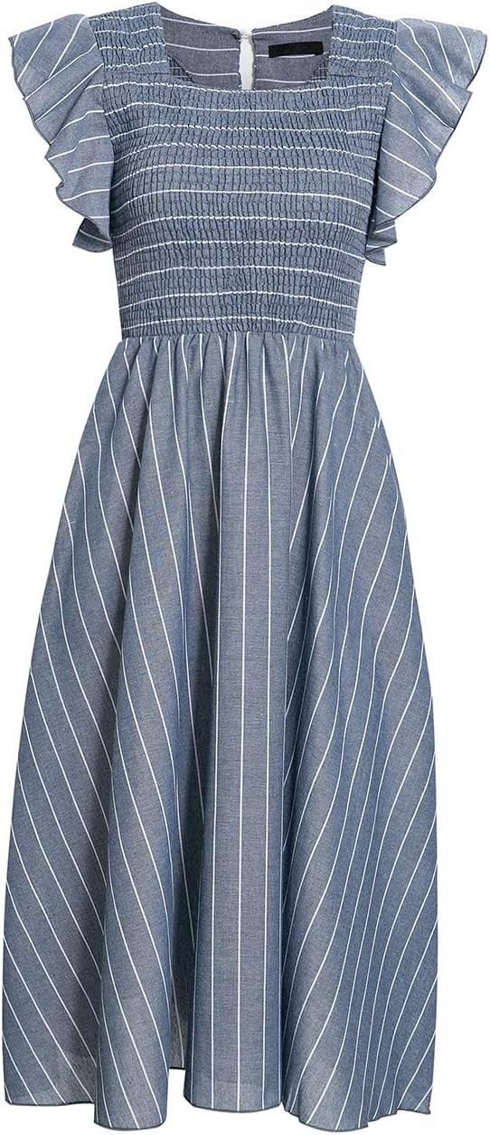 Saonta  Women's Striped Linen Midi Dress Elegant Square Neck Ruffle Cap Sleeves Maternity Dress 2024 Summer Beach Dress