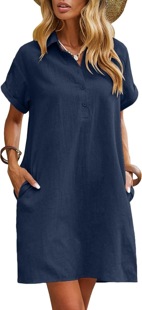 Saonta  Womens Cotton Shirt Dress Summer Casual Short Sleeve Button Down Beach Cover Up Shirts with Pockets