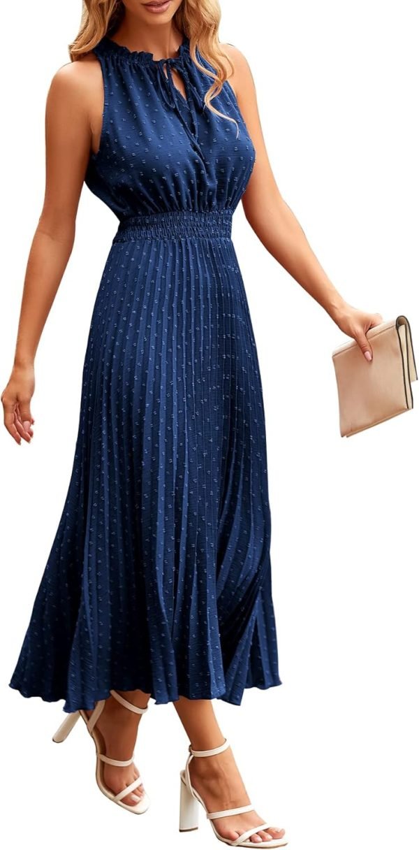 Saonta Womens Midi Summer V Neck Swiss Dot Ruffle Sleeveless A Line Beach Sun Dress