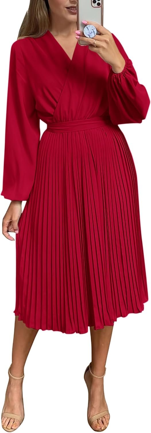 Saonta  Womens V Neck Flowy Ruffle Pleated Casual Fall Dress