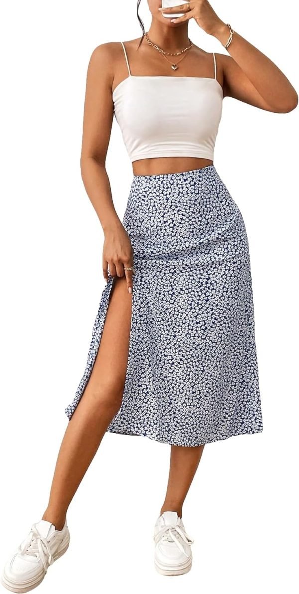 Saonta  Women's Boho Floral High Waist Split A Line Midi Skirt