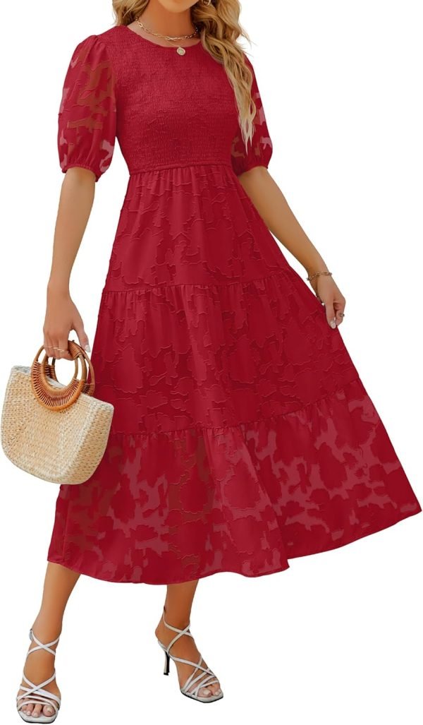 Saonta Women's 2024 Summer Short Puff Sleeve Crewneck Smocked Floral Lace Flowy A Line Tiered Maxi Dresses