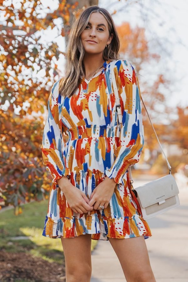 Saonta  Womens Summer Dresses 2024 Boho Floral Drawstring V Neck Smocked Long Sleeve Ruffle Tiered Chiffon Mini Short Dress