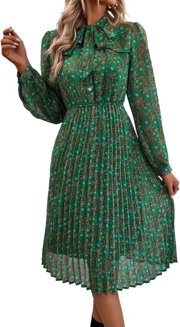 Saonta  Work Dresses for Women 2023 Long Sleeves Chiffon Black Dress Retro Pleated Buttons Down Bow Tie Loose Causal Dresses