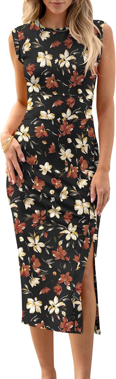 Saonta  Womens Summer Sleeveless Bodycon Midi Dress Button Slit 2024 Fashion Casual Sundress Cocktail Party Dresses