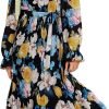 Saonta  Women's Floral Midi Dress Puff Long Sleeve Casual Ruffle Chiffon A-Line Swing Pleated Belted Tea Party Dresses