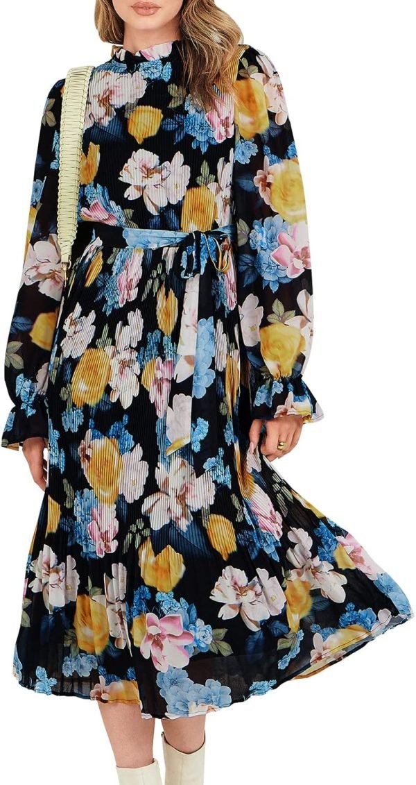 Saonta  Women's Floral Midi Dress Puff Long Sleeve Casual Ruffle Chiffon A-Line Swing Pleated Belted Tea Party Dresses