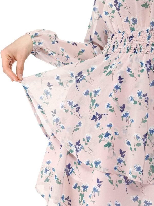 Saonta  K Women's Ruffled Floral Smocked Waist Layered Tiered Chiffon Dress