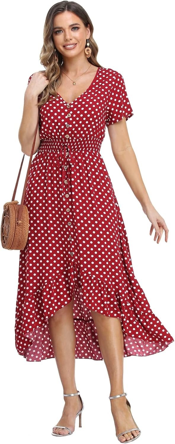 Women's Polka Dots Short Sleeve V Neck Dresses Vintage Boho Maxi Summer Dress with Stretchy Waist