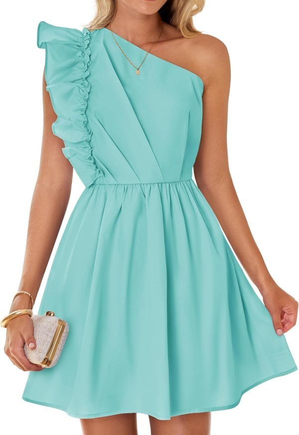 Saonta Women's Summer One Shoulder Ruffle Dress 2024 Boho Sleeveless Elastic High Waist Swing Mini Dresses