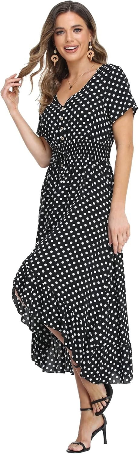 Women's Polka Dots Short Sleeve V Neck Dresses Vintage Boho Maxi Summer Dress with Stretchy Waist