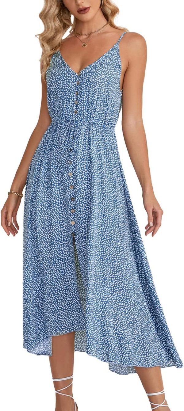 Saonta  Women's 2024 Summer Casual Boho Sundress Polka Dot Spaghetti Strap V Neck Flowy Midi Dresses