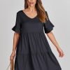 Saonta  Women's 2024 Summer Trendy V Neck Ruffle Short Sleeve A Line Tiered Flowy Casual Mini Beach Dress with Pockets