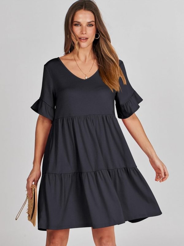 Saonta  Women's 2024 Summer Trendy V Neck Ruffle Short Sleeve A Line Tiered Flowy Casual Mini Beach Dress with Pockets