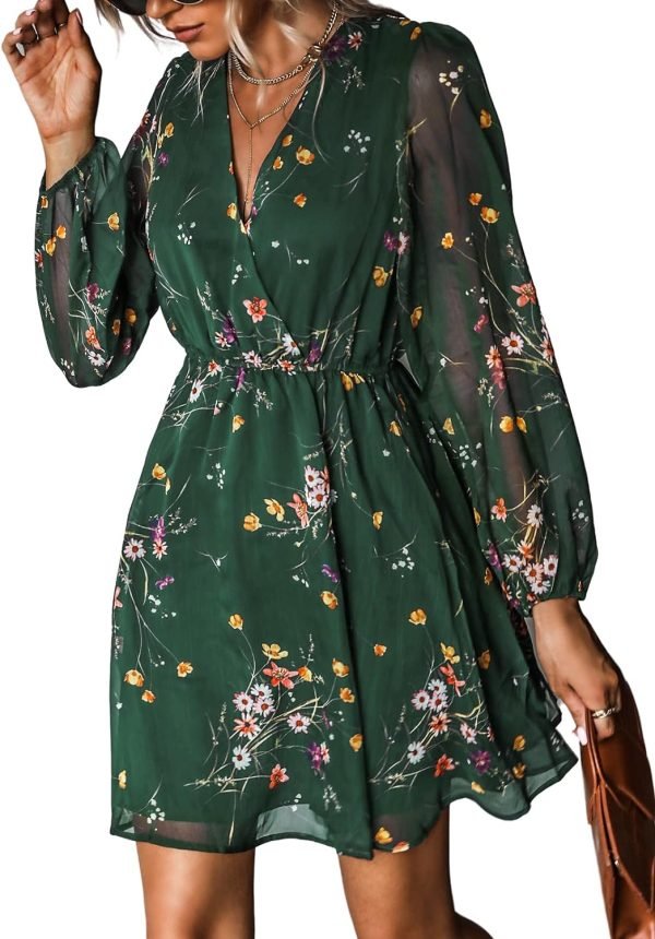 Saonta  Women's Floral Print Chiffon A-Line Mini Dress Long Peasant Sleeves