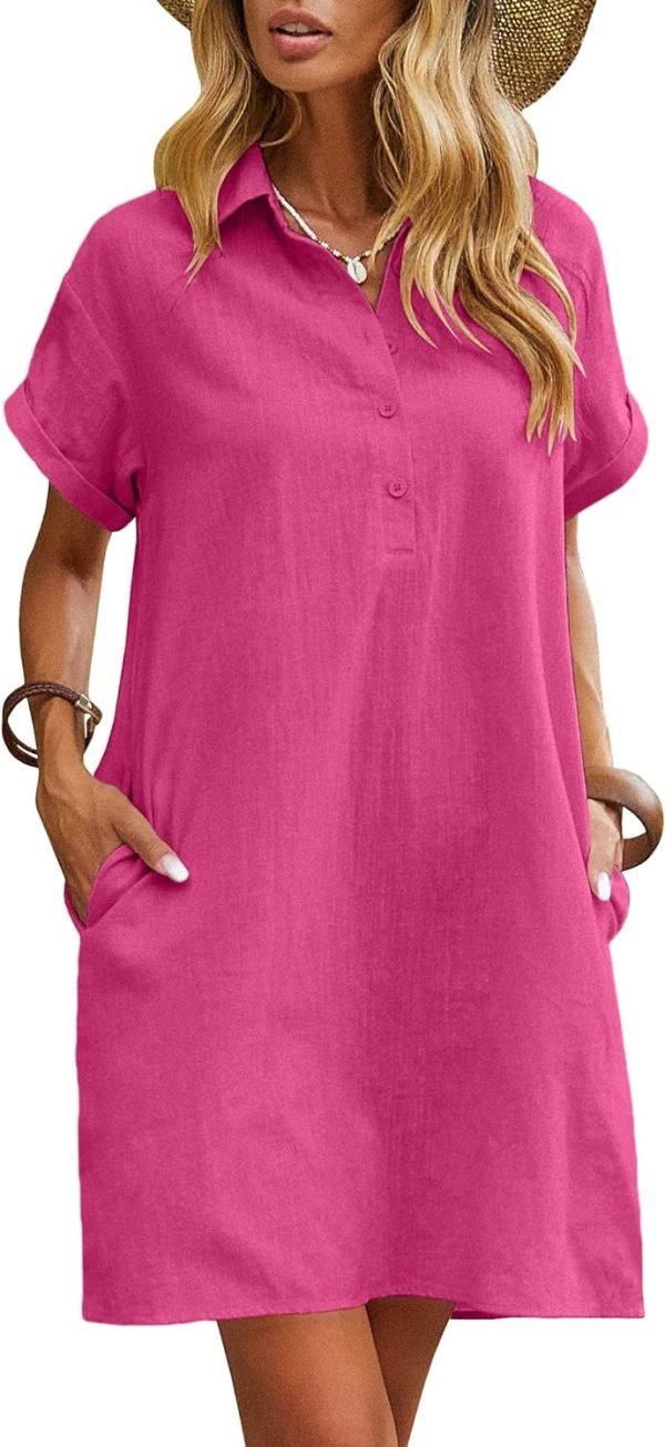 Saonta  Womens Cotton Shirt Dress Summer Casual Short Sleeve Button Down Beach Cover Up Shirts with Pockets