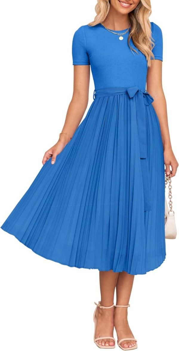 Saonta Womens Summer Short Sleeve Midi Dresses Spring Casual Crew Neck Knit Belted Pleated A Line Flowy Wedding Guest Dress
