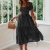 71QLGIVSOIL._AC_SL1500 Saonta Dresses for Women 2023 Wedding Guest Summer V Neck Short Sleeve Smocked Ruffle Hem A-Line Polka Dot Boho Maxi Dress
