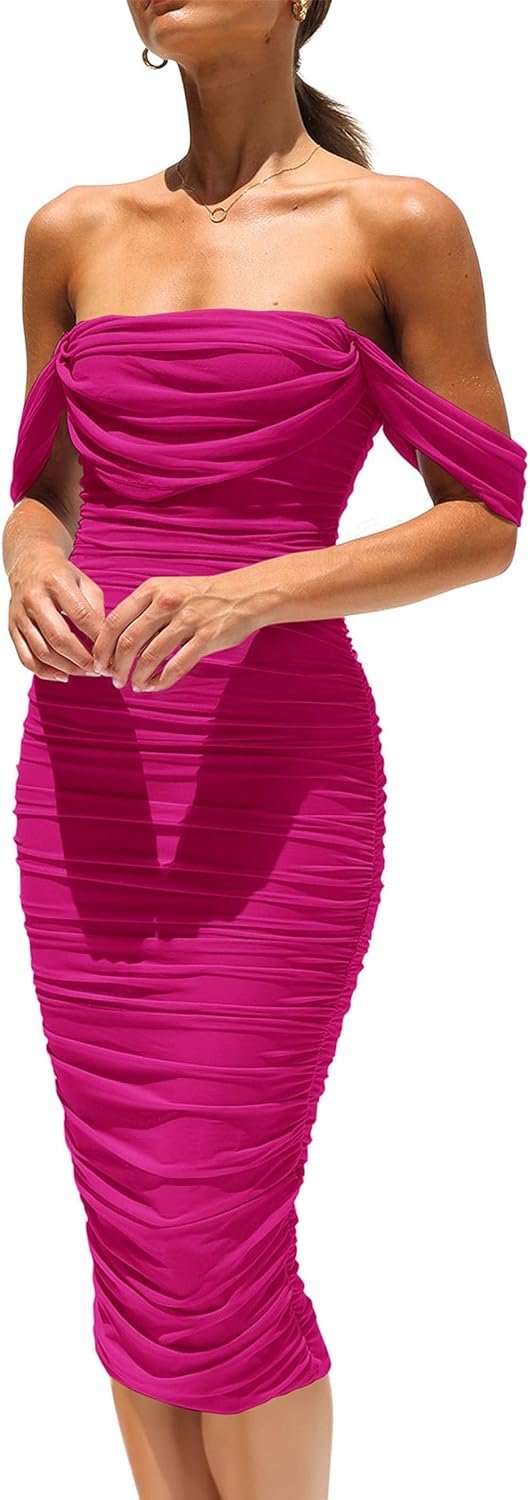 Saonta Womens Summer Off The Shoulder Ruched Bodycon Dresses Sleeveless Fitted Party Club Midi