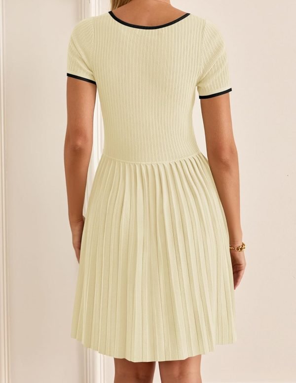 Saonta Women's Ribbed Square Neck Color Block Pleated Mini Dress Short Sleeve A Line Knit Short Dresses